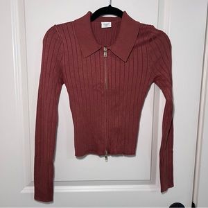 Long-Sleeve Slim Zip Polo Top- XS